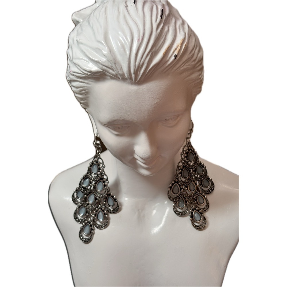 Lucky Brand Silver Tone Blue Teardrop Chandelier Dangle Earrings Boho Statement - Picture 3 of 4